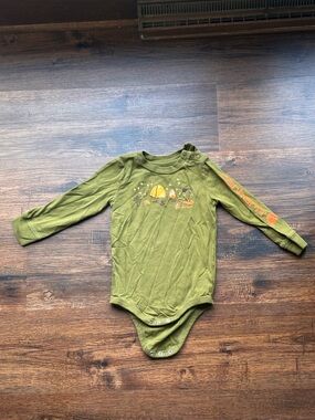 Carhart Olive Green Long Sleeve Baby Bodysuit with Camping Graphic